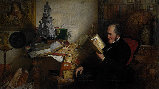 Portrait of David_Laing in his study by William Fettes Douglas. A man sitting and reading a book surrounded by antiquarian objects and manuscripts.